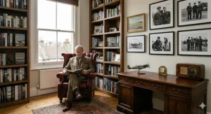 An elegant British home study filled with history books, framed wartime photographs, and a gentleman reading in a leather wingback chair.