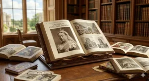 A large, open coffee-table style biography titled 'Victorian Visions', resting on a library desk. The pages display multiple, detailed sepia and black and white illustrations of Victoria’s life, including a depiction of the Great Exhibition. Surrounding it are smaller illustrative books and a set of old spectacles, all showing rich detail under natural light.