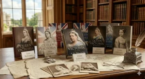A curated display of eight recent Queen Victoria biography publications from 2020-2024. The books are positioned in soft light, showing a range of modern cover designs and academic publisher logos, alongside a stack of historical documents to suggest fresh perspectives in British history.