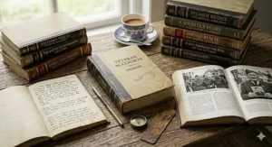 A rustic oak library desk by a window, featuring two vertical stacks of D-Day history books and memoirs, an open handwritten diary, and a porcelain willow-pattern teacup.
