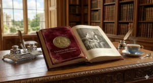 A photorealistic, high-detail 4K image set within the same grand library from previous illustrations, showing a deeply carved antique oak desk. Natural light from a large mullioned window illuminates an open, deep red velvet-bound book titled 'Victoria and Albert: An Imperial Partnership'. The cover features an embossed gold medallion of their double profile. The book is open to a page with a finely detailed black and white etching of Victoria and Albert seated. Beside the book is a porcelain teacup with a 'V&A' monogram and a polished silver inkwell with presentation quills, symbolising their shared life and partnership.