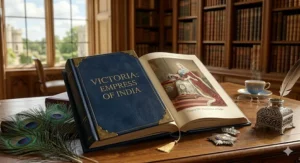 A photorealistic, high-detail 4K image set within the same grand library, featuring an open, deep blue leather-bound book titled 'VICTORIA: EMPRESS OF INDIA' on an antique desk. The book displays a detailed colour lithograph of the older Queen Victoria in ceremonial robes. Nearby, peacock feathers, an ornate Indian inkwell, and a model of the Star of India medal emphasise the Imperial context of her biography, illuminated by natural daylight from a large window.
