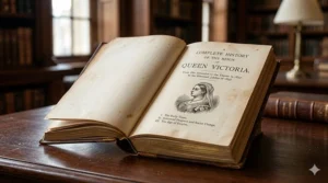 A portrait of Queen Victoria alongside modern historical biographies exploring the British Empire and the Victorian monarchy.