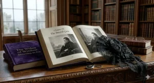 A photorealistic, high-detail 4K image set in a grand library, focusing on an antique, leather-bound desk illuminated by soft, cool natural light from a window. An open, purple velvet-bound book titled 'The Widow of Windsor: Mourning an Era' is featured, showcasing a black and white photogravure etching of Queen Victoria in deep mourning attire. Beside the book rest a black lace and Jet mourning bonnet and a small, tarnished enamel mourning locket, illustrating her later life of grieving. The library background from previous images remains subtly visible.