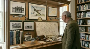 A side profile of a man viewing a curated collection of Second World War aviation books, pilot diaries, and aircraft models inside a wooden cabinet.