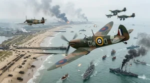 A battle scene of RAF Spitfires defending the skies over France, illustrating books on the air campaign during the Dunkirk evacuation.