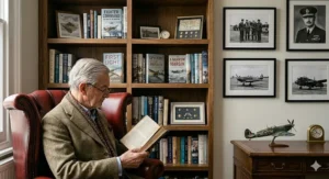 A close-up of an elderly British man in a tweed jacket reading a historical book next to a shelf of Fighter Command histories.