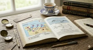 A historical military study scene centered on an open book about Operation Overlord strategy and logistics, displaying strategic maps of Normandy beaches with British tactical annotations, lit by soft natural light.