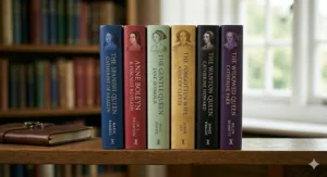 A row of modern Tudor history books dedicated to the lives of the six wives of Henry VIII, highlighting feminist historical perspectives.