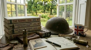 A scene showing modern-day poppies placed at a Somme battlefield site, illustrating the enduring legacy of the battle.