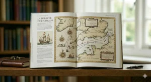 A historical non-fiction book featuring a map of the English Channel and the route of the Spanish Armada in 1588.