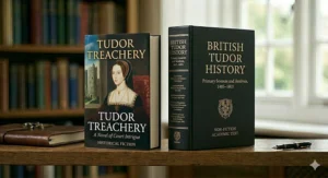 A comparison shot showing a popular Tudor historical fiction novel alongside a dense, factual British history textbook.