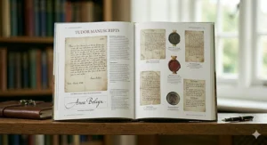 Close-up of a scholarly history book displaying a facsimile of a handwritten letter by Anne Boleyn with academic annotations.