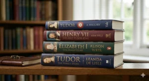 A stack of hardback biographies focusing on the Tudor monarchs, from Henry VII to Elizabeth I, featuring classic portraiture on the dust jackets.
