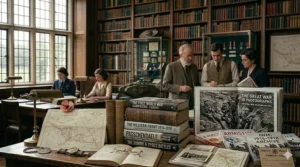 A stack of military history books specifically detailing the Battle of the Somme and Passchendaele campaigns, with a vintage topographical trench map of Ypres visible underneath the volumes.