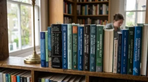 A photorealistic eye-level 4K photograph capturing a substantial collection of academic climate change books packed tightly on a wooden university research library shelf in the UK, bathed in soft, natural daylight.