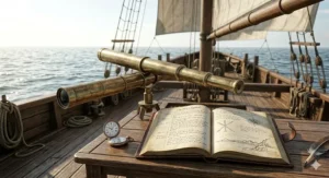 A brass telescope positioned near a hand-written captain's logbook, highlighting the primary sources found in Age of Sail non-fiction.