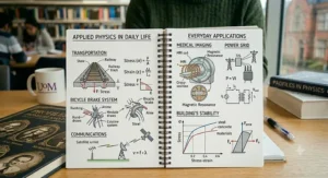 An illustrated reference page showing applied physics in daily life, ranging from medical imaging technology to structural engineering principles.