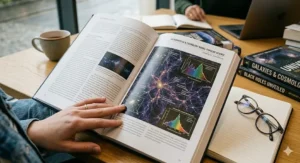A close-up of a diagram showing galaxy formation, a topic often explored in leading popular science cosmology books.