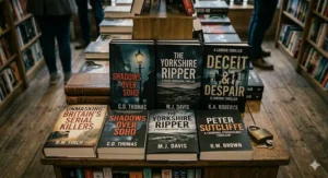 A middle-aged female author signs a copy of her true crime book for a fan in a bustling British independent bookshop. The natural light highlights the details on the book cover and surrounding shelves.