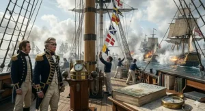 A detailed historical account of the Battle of Trafalgar with illustrations of naval combat.