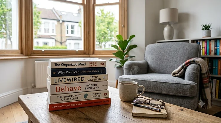 Stack of popular brain function books on a wooden desk, representing cognitive health and neuroscience reading for a UK audience. brain function books