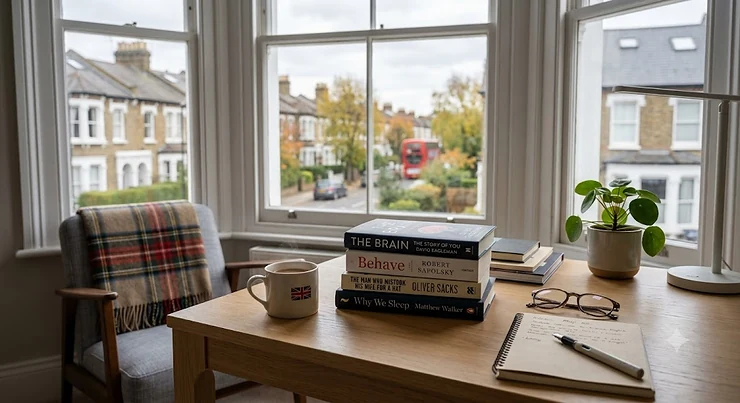 A selection of popular, highly-rated neuroscience books for beginners displayed on a wooden desk. neuroscience books for beginners