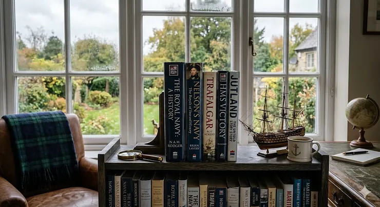 Alt text for image 1: A curated collection of classic Royal Navy books displayed on a wooden bookshelf, featuring historical naval records and maritime biographies.