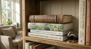 A colourful, illustrated display of popular sustainability books designed to inspire children to protect nature.
