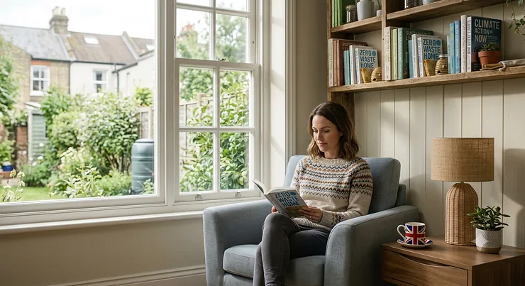 A woman relaxing in a comfortable armchair, reading a book on eco-conscious living in a sunlit room with shelves of sustainability bestsellers. sustainability books bestsellers