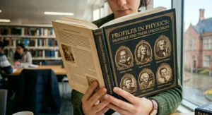An open book profiling famous physicists, featuring historical portraits of figures such as Isaac Newton, Michael Faraday, and Albert Einstein.
