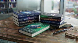 A curated selection of Brian Cox science books on a wooden desk, perfect for astronomy enthusiasts.