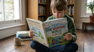 A photorealistic, highly-detailed close-up photograph of a primary school-aged child intently reading an illustrated children's book about climate change titled 'OUR WARMING WORLD: A UK CHILD’S GUIDE TO CLIMATE CHANGE' on a sunlit wooden floor in a cozy UK home study.