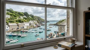 A view from a coastal window overlooking a British harbour, perfect for setting the scene for classic Royal Navy maritime fiction.