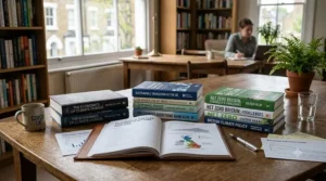 An overhead photorealistic photograph of several climate policy books and an open UK research document on a wooden conference table in a sunlit UK office.