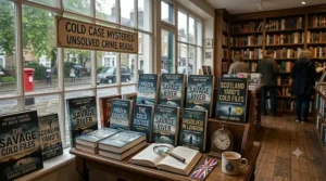 A display of popular cold case investigation books featured in a local British bookshop.