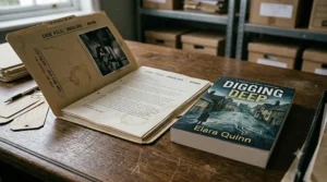 A photorealistic 4K close-up of an open, worn police case file titled 'CASE FILE: UNSOLVED - #0488' with typewritten pages and a blurred photo, resting next to a modern paperback book titled 'DIGGING DEEP' by Elara Quinn. Natural daylight from a window illuminates the scene.