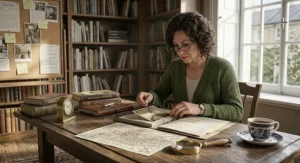 An investigator using a brass microscope to examine forensic evidence samples in a library setting, surrounded by archived Victorian case files.