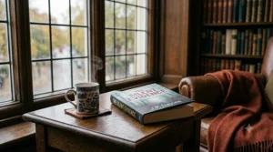 A 4K photorealistic photograph capturing a steaming ceramic British mug and a single cold case book, titled 'THE SILENT EVIDENCE', open on a worn oak table in a traditional library, with soft autumn daylight filtering through a window and a rust-coloured throw blanket on a leather armchair.
