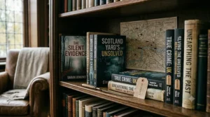 A photorealistic 4K detailed photograph of a traditional, well-stocked oak bookshelf in a cosy British library study. Several prominent titles by authors such as Sarah Jenkins, Robert Croft, Elara Quinn, and J.P. Davies are neatly arranged and standing upright. Spines including 'BRITISH COLD CASES' and 'TRUE CRIME: UK' are clearly visible under soft natural daylight, highlighting diverse paper and cloth textures.