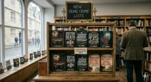 A close-up, moody photograph of a collection of dark thriller books covering UK serial killers, arranged on a weathered oak shelf in a British bookshop under natural light.