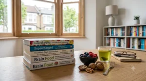 Healthy brain food like blueberries and oily fish arranged next to educational brain function books on a kitchen counter.