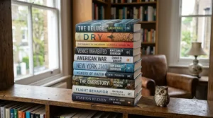 A stack of diverse climate fiction novels with striking artistic cover designs on a worn wooden bookshelf in a sunlit UK study.