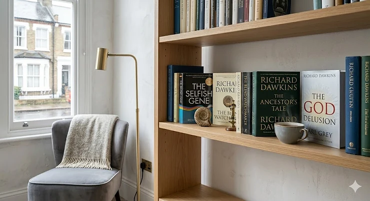 A curated selection of influential evolution books by British biologist Richard Dawkins, arranged neatly on a wooden study table. evolution books richard dawkins