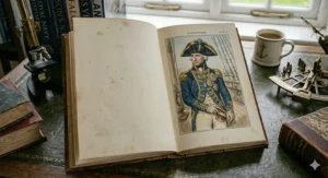 Alt text for image 6: A portrait illustration featured in Royal Navy books profiling a decorated British Admiral and their career highlights.