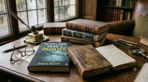A photorealistic 4K close-up of a cluttered aged oak desk in a traditional British library study, illuminated by soft natural daylight from a leaded window, with a weathered leather journal and modern cold case book titled 'SCOTLAND YARD'S UNSOLVED' by Elara Quinn. Antique writing tools and glasses are scattered on the surface.