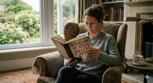 An antique reading room featuring a collection of books about historic UK serial killers.