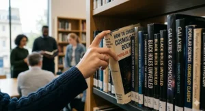 A reader browsing through a collection of popular science cosmology books in a quiet, well-lit library setting.
