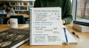 A notebook page detailing effective physics study strategies, including active note-taking and concept mapping techniques for students.