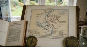 Alt text for image 4: A cartographic illustration found in Royal Navy books detailing the tactical manoeuvres of a major British naval battle.